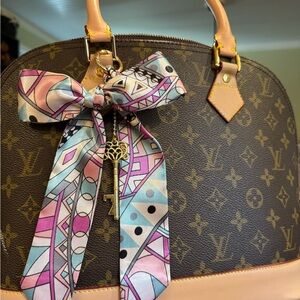 Purse scarf bow charm , gold hardware easy clip on bag.Pink purple black white